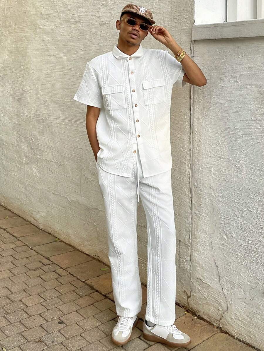Ngobest Haus Ngobest Haus Men's Essential Diamond & Wheat Pattern Textured Elastic Knit Shirt & Pants, Cozy Outfits - White - View 1
