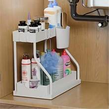 Estante de almacenamiento debajo del fregadero de material plástico de doble capa con cajones deslizantes - Solución de almacenamiento multifuncional para la cocina y el baño: Estante de almacenamiento debajo del fregadero y gabinete de almacenamiento en negro - Multicolor - Ver 7