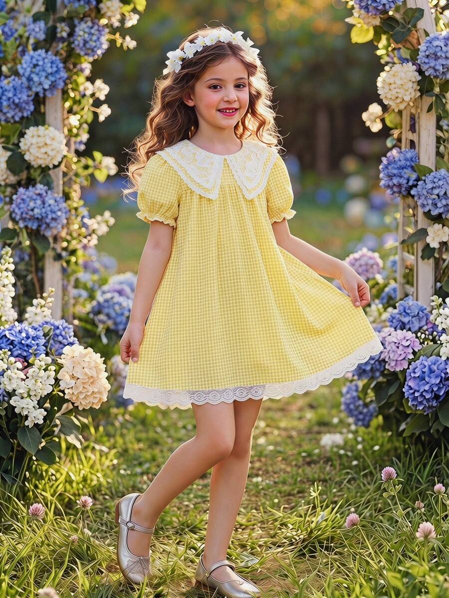 Elladie kids 1 chiếc đầm hè mới cho bé gái, cổ Peter Pan ren, viền hoa, cài nút phía sau, vải kẻ caro vàng, tay cánh hoa, viền ren, kiểu dáng đơn giản, đa năng, thích hợp cho kỳ nghỉ ở vùng quê. - Màu vàng - Xem 1