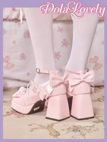 Dola Lovely Giày nữ, giày cao gót hồng, Mary Jane mũi kín đế bánh mì, giày Lolita Goth, nơ, giày JK ngọt ngào. - Mặt da màu hồng đơn giản - Xem 5