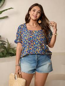 Comfylo Plus Size Casual Boho Cottage Core Ditsy Floral Shirt Vacation Orange Summer - Multicolor - View 5