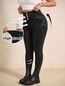 Elaquor Plus Size Casual High Waist Slim Fit Washed Jeans For Women,Dark Blue Winter Casual Night Out Club Y2K Leopard Print Cargo Denim Wide Leg Baggy Pants - Black - View 7