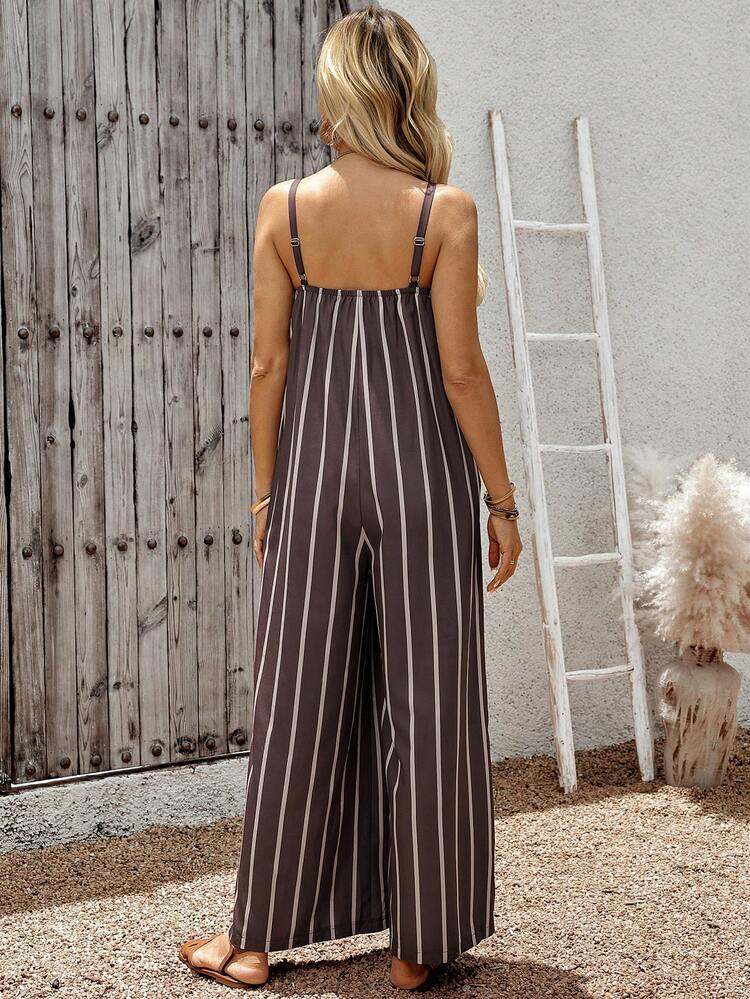 Women's Summer Beach Vacation Casual Everyday Commute Striped Print Loose Pockets Sleeveless Wide Leg Jumpsuit