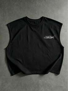 PAVTROS 男士休闲字母印花宽松圆领背心，夏季 - 黑色 - 查看 2