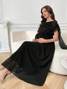 SHEIN Elegant Solid Color Maternity Dress For Party - Black - View 8