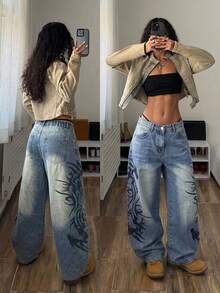 Jeanoix Jeans acampanados de talla grande con estampado retro vintage - Lavado ligero - Ver 2
