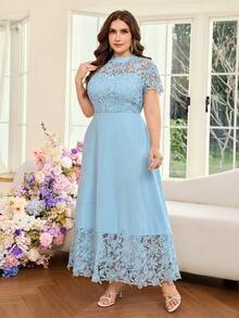 Modelyn Plus Size Women's Elegant Lace Patchwork Waist Dress, Spring/Summer - Blue - View 4