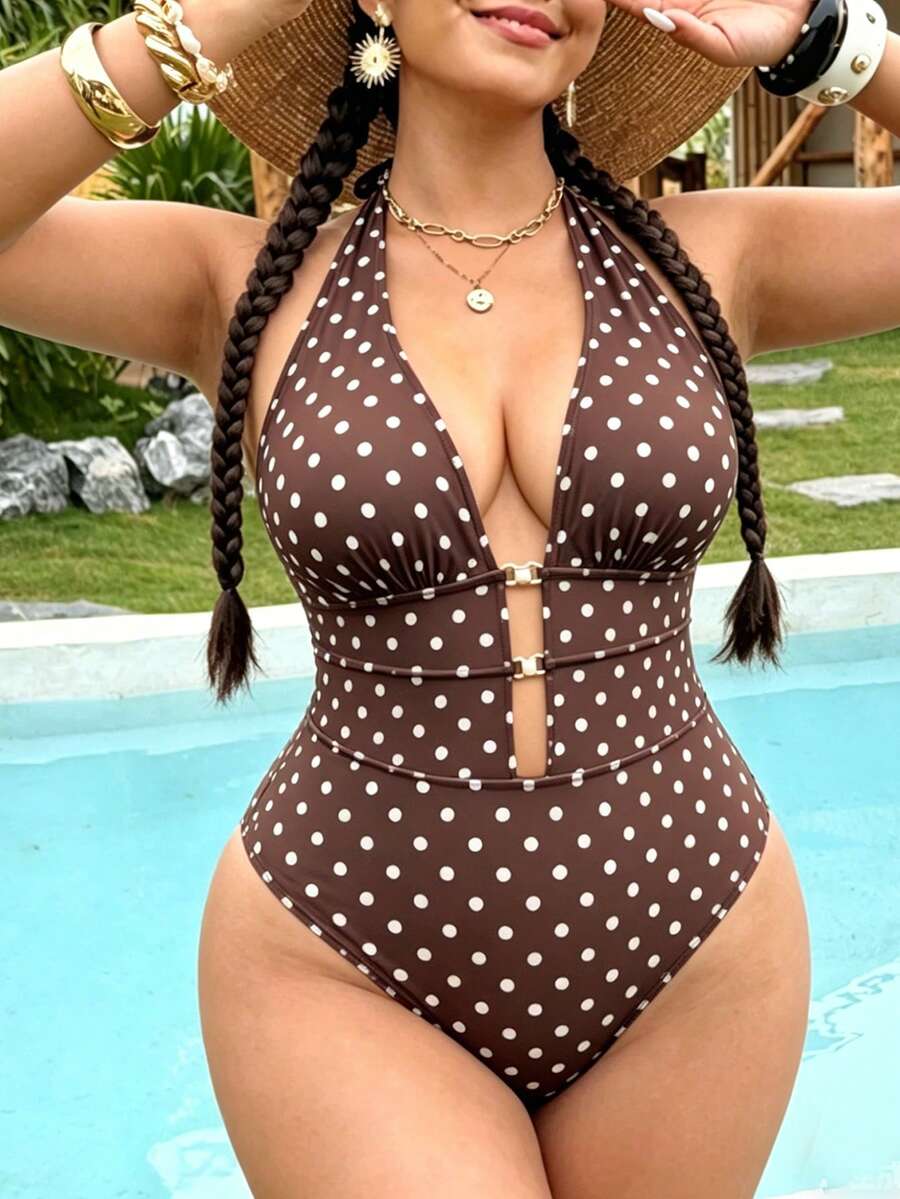 Swim Vcay Plus Size One-Piece Swimsuit,Brown And White Polka Dot Halter Tie Strap Hollow Out Resort Series,Summer Tropical Beach Holiday Vacation Swimwear - Multicolor - View 1