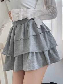 FRIFUL Women's Casual Solid Color Layered Ruffle Hem A-Line Skirt - Grey - View 4