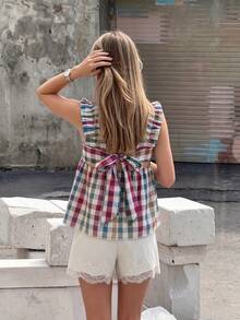 Pariaura Women's Summer Casual Plaid Tie Back Ruffle Hem Blouse - Multicolor - View 1