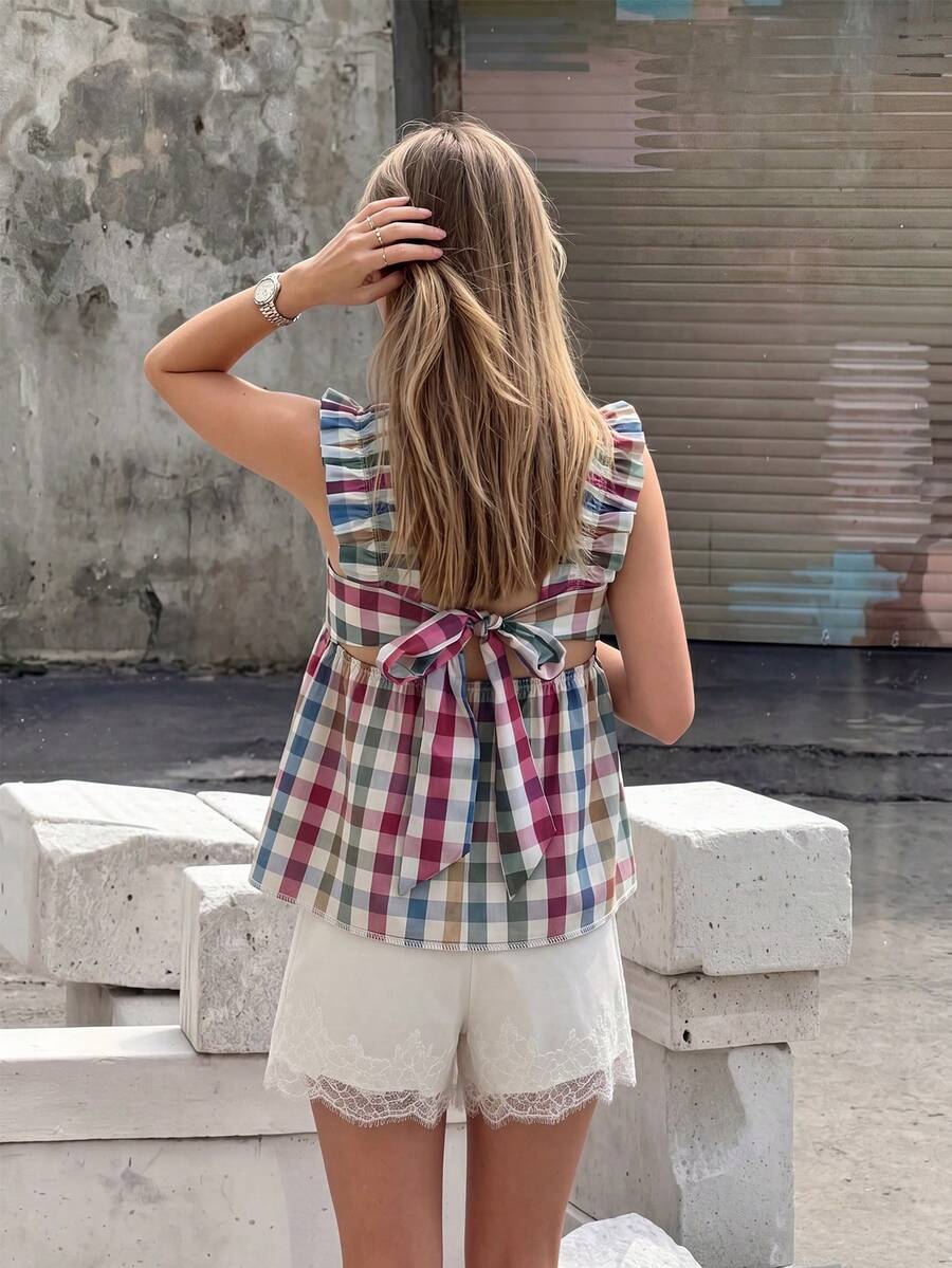 Pariaura Women's Summer Casual Plaid Tie Back Ruffle Hem Blouse - Multicolor - View 1