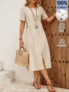 EMERY ROSE Đầm nữ mùa hè tối giản cổ tròn xẻ eo dáng lửng - Màu Khaki - Xem 1