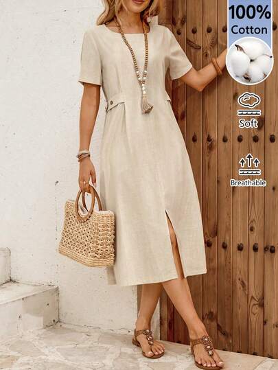 EMERY ROSE Đầm nữ mùa hè tối giản cổ tròn xẻ eo dáng lửng