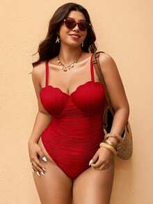 Elaquor Plus Size Women Textured Sexy One-Piece Swimsuit Bathing Suits For Women - Red - View 2