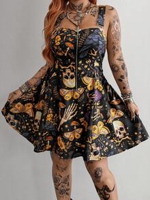 Sunspun Western Style Gothic Versatile Holiday Dreamlike Printed Patchwork Ruffle Tie-Up Waist Slip Dress With Front Zipper Decor Mini Skirt For Women - Multicolor - View 3