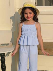 Emery Rose Kids Emery Rose Kids 女童条纹荷叶边吊带背心和阔腿裤休闲套装 - 彩色 - 查看 5
