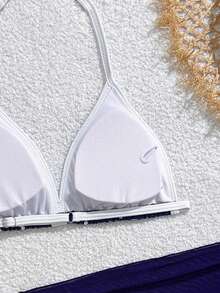 SHEIN 少女海军蓝白撞色比基尼套装，三件套包括三角上衣、三角泳裤和网纱裙。面料柔软亲肤，适合少女游泳、海滩、泳池、夏季度假穿着。 - 彩色 - 查看 6