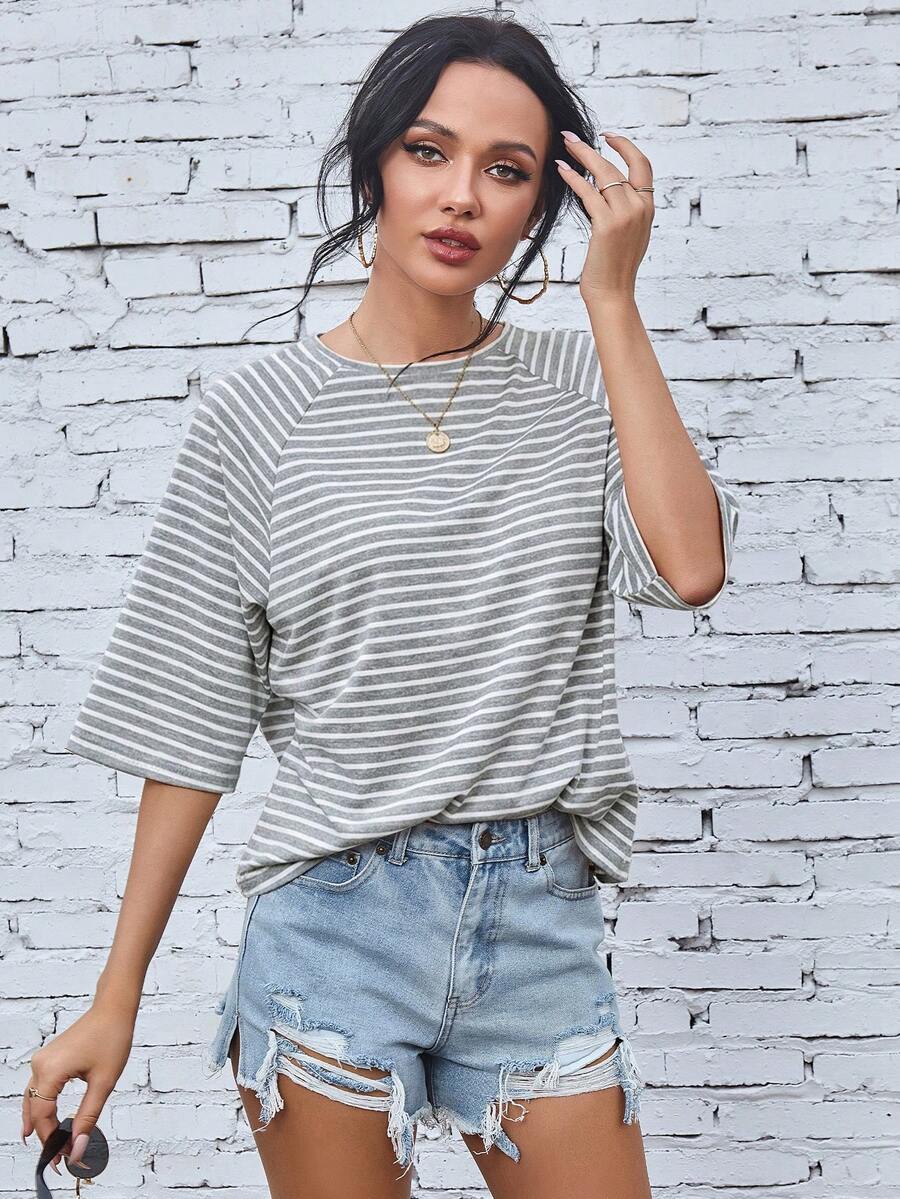 EMERY ROSE Raglan Sleeve Striped Print Tee Graphic Tees Women Tops - Grey - View 1