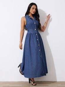 SHEIN Tall Vestido midi de mezclilla con botones y sin mangas con cuello para mujer alta de SHEIN, atuendos casuales, elegantes y de uso diario para mujeres en verano - Azul lavado oscuro - Ver 10