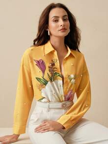 Anewsta Embroidered Bubble Bead Floral Print Design Fashionable Loose Casual Sexy Women Shirt Golf Pastal Autumn - Yellow - View 1