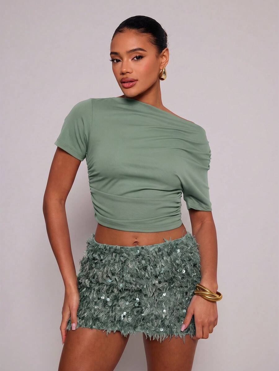 MUSERA Textured Sequin Mini Skirt Ibiza Fits Summer Holiday Club Rave Festival Glitter Party Valentines Day Spring Vacation Holiday Festival - Army Green - View 1