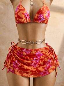 Bellisia 2026SS Tropischer Blume Muster Neckholder 3-teiliges Badeanzug Set, Urlaubs Strandmode für Frauen - Verschiedenfarbig - Übersicht 3