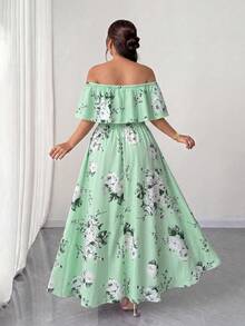 Elenzga Plus Size Women's Light Green Floral Print Dress,Off Shoulder Ruffle Hem Waist Pleated Maxi Summer Boho Vacation Holiday Dress For Travel - Multicolor - View 2