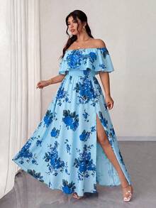 Elenzga Plus Size Women's Light Blue Floral Print Off-Shoulder Ruffle Hem Summer Boho Maxi Dress, Waist Pleated Vacation Holiday Dress For Date&Travel - Multicolor - View 6