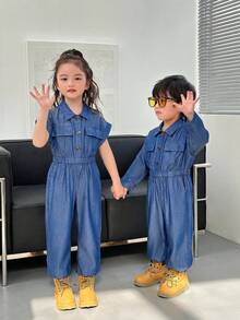 SHEIN Little Byeori 女童纯色梭织连体裤，翻领，短款纽扣门襟，双口袋，卡其色，适合女童穿着。 - 藍色 - 查看 6