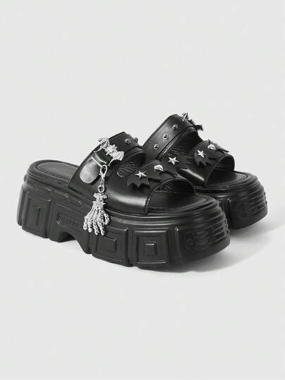 ROMWE Grunge Punk Women's Wedge Heel Platform Sandals Dark Rock Punk Goth Shoes Y2K Rivet Party Themed Shoes Summer Open-Toed Star Sandals Summer Shoes