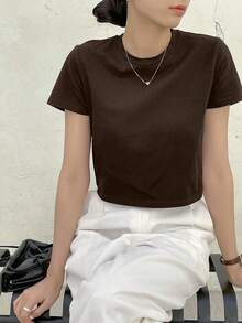 Dazy-Less Solid Crew Neck Crop Tee Old Money Style Summer Business Casual Woman Work Clothes - Chocolate Brown - View 5