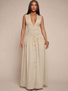 SHEIN Tall CURVE Đầm mùa hè cỡ lớn, kiểu dáng tối giản, cổ chữ V sâu, cài cúc phía trước, không tay. - Màu be - Xem 6