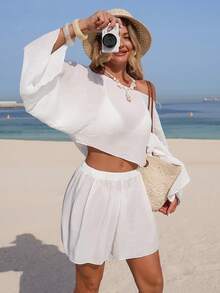 Swim Lushoire Bộ đồ bơi 2 mảnh màu trắng cổ xé và quần short, kiểu dáng thanh lịch, thích hợp cho kỳ nghỉ hè 2026 dành cho nữ. - trắng - Xem 6