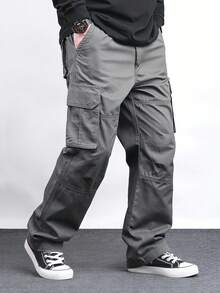 Manfinity Homme Men Solid Color Straight Workwear Trousers Baggy Cargo Pants Menmen Cargo Pantsmen Cargos - Dark Grey - View 4