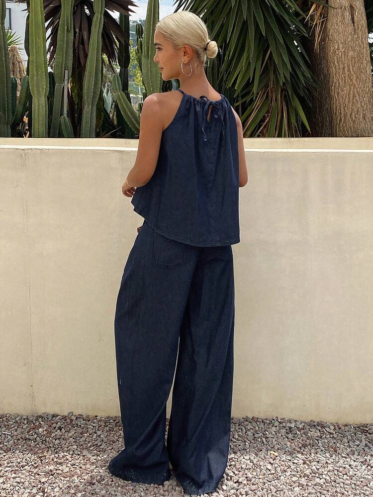 Women's Loose Casual Camisole And Straight Leg Jeans Set, Suitable For Spring And Summer