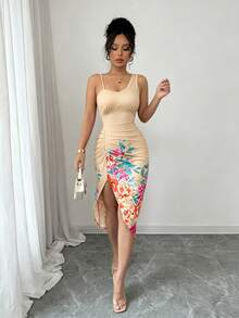 Selianne Women's Elegant Romantic Printed Pleated Dress - Khaki - View 5