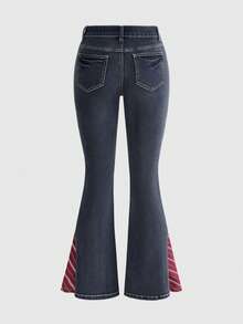 ROMWE Y2K Vintage Casual Washed Patchwork Design Low Waist Women Jeans Everyday Dark Grey Autumn - Medium Wash - View 3