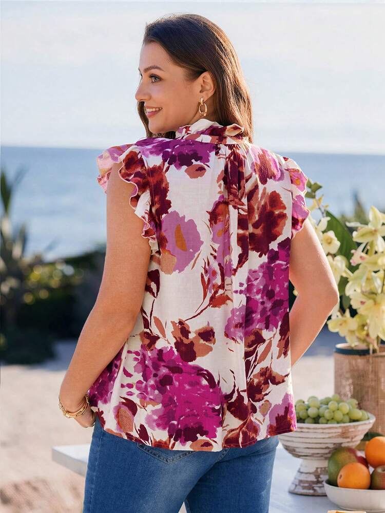 Plus Size Women's Summer Casual Vacation Country  Floral Print Ruffle Sleeve Blouse Shirt Top, Suitable For Summer Vacation,Casual Holiday Style,Summer Outfits For Women ,Vacation Outfits Women ,Holiday Outfits For Women,Going Out Outfits, New Clothes,Simple And Fashionable For Everyday Wear,Suitable For Summer, Vacation, Daily Wear, Festival Outfits For Women,Country Concert Outfit,Beach Outfits For Women,Western Style,Boho Shirt