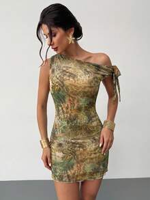 Firerie Women's Sage Green Floral Summer Mesh Mini Dress,Seductive Night Out Asymmetrical Shoulder Elegant Vacation Beach Hawaii Party Graduation Prom - Multicolor - View 8