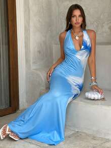 Firerie Elegantes romantisches Maxikleid für Damen, blaues Blumenprint-Kleid mit Neckholder, drapiertem Rückenausschnitt und Passform, geeignet für Hochzeitsgäste, Strandurlaub, Sommer - Verschiedenfarbig - Übersicht 5