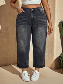 Slaydiva Plus Size Women High Waist Pocketed Tapered Casual Jeans - Black - View 1
