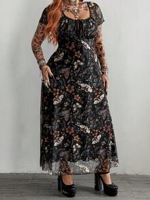 Whyspr Elegant Sexy Sheer Mesh Ruched Drawstring Waist A-Line Punk Grunge Goth Style Long Dress, Black, Plus Size - Black - View 4