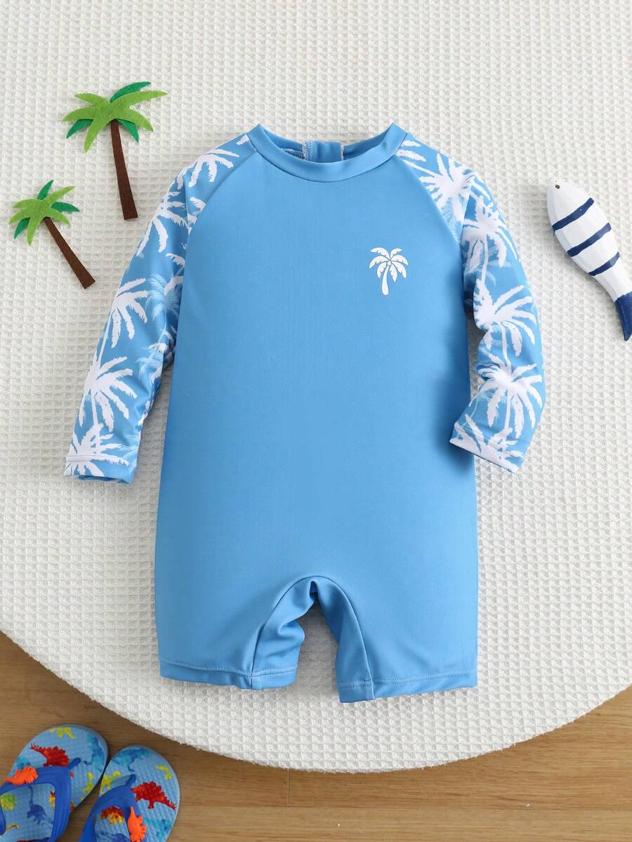 SHEIN 男女通用浅蓝色可爱棕榈树图案长袖防晒泳衣,适合海滩、游泳、度假。 - 藍色 - 查看 1
