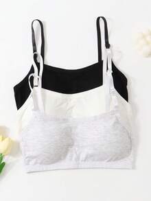 SHEIN 3pcs/Set Teen Girls Minimalist Fashion White, Skin Color, Black Camisole Bra Set Summer Summer - Multicolor - View 3