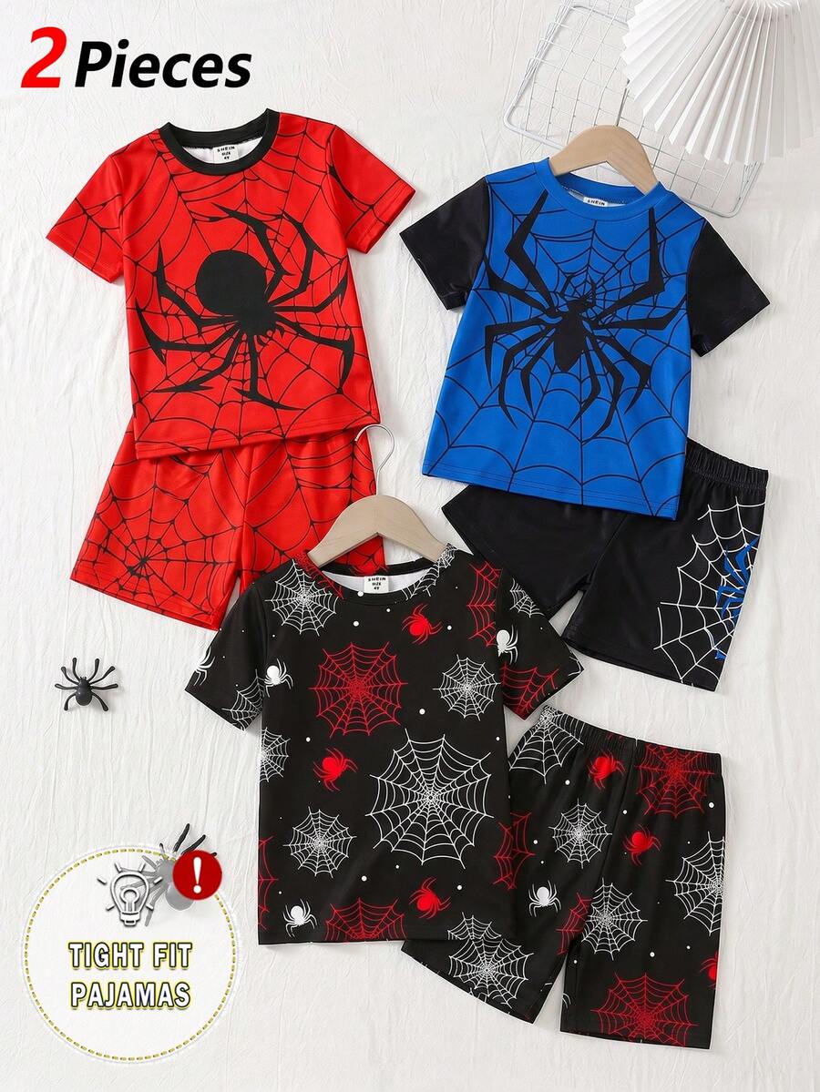 Young BoySpider Graphic Print Crew Neck Short Sleeve Shorts 2-Piece Pajama Set, Stretchy Knit Fabric, Comfortable & Soft, Black - Black - View 1
