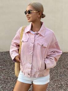 Livesso Casual Loose Denim Jacket With Large Pockets, Sweet Girl Style, Suitable For Spring And Autumn, Fashionable Streetwear And Outdoor Wear - Pink - View 6