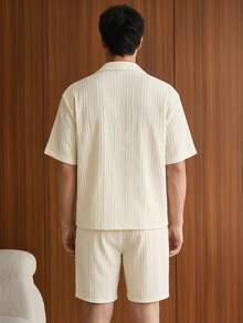 SWAVVY Conjunto de camisa de pecho sencillo con textura y pantalones cortos con cordón y bolsillo para hombre - Albaricoque - Ver 2