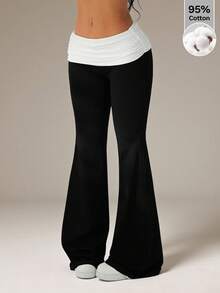 SHEIN PETITE Women's Contrast Striped Drawstring Casual Straight Leg Pants, Versatile For Spring/Summer, Includes Built-In Undershorts - Black and White - View 4