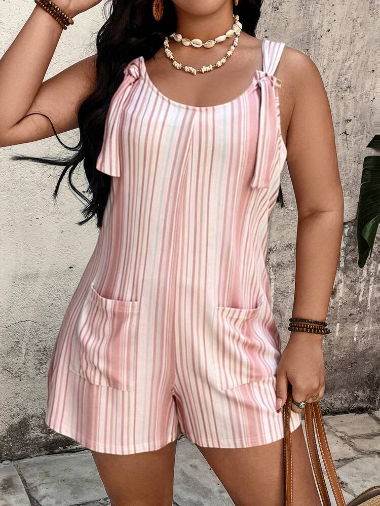 EMERY ROSE Plus Size Casual Striped Pocket Jumpsuit For Women - Pink - View 1