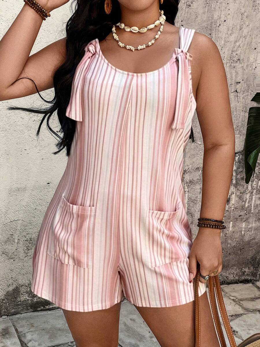 EMERY ROSE Plus Size Casual Striped Pocket Jumpsuit For Women - Pink - View 1